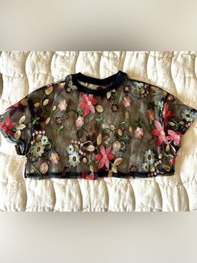 Sheer Black Floral Embroidered Crop Top